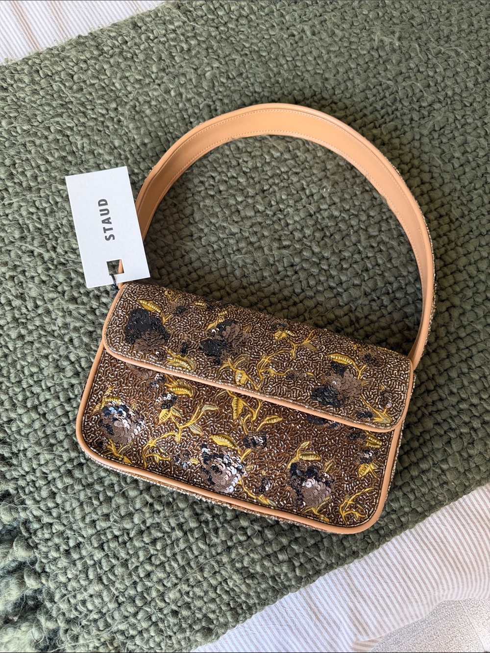 Brand new STAUD Brown Floral Sequin Shoulder Bag with Tan Trim